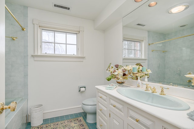 full bath with toilet, tile patterned floors, visible vents, and vanity