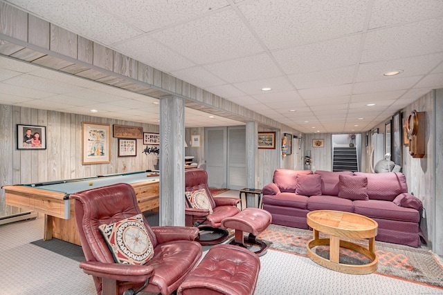 carpeted living room with stairs, recessed lighting, billiards, and a paneled ceiling