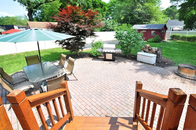 5 Middle Dr, Windsor Locks, CT 06096 - fenced backyard featuring outdoor dining space, a patio area, an outdoor structure, and a grill