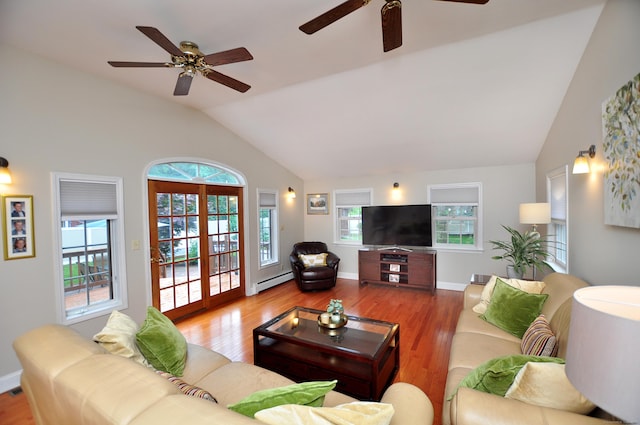 5 Middle Dr, Windsor Locks, CT 06096 - living room featuring lofted ceiling, a ceiling fan, baseboard heating, and wood finished floors