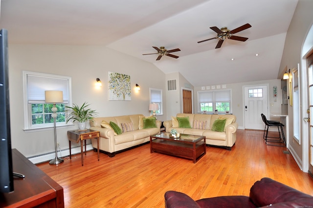 5 Middle Dr, Windsor Locks, CT 06096 - living room with lofted ceiling, light wood-type flooring, baseboard heating, and a ceiling fan