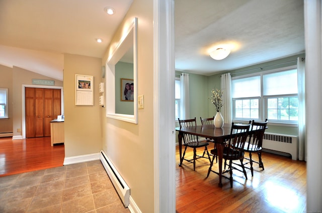 5 Middle Dr, Windsor Locks, CT 06096 - dining space with baseboard heating, radiator, wood finished floors, a baseboard radiator, and recessed lighting