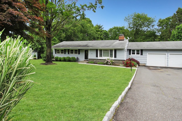 15 Old Stream Ln, Trumbull, CT 06611 - ranch-style house with driveway, a garage, a front lawn, and a chimney
