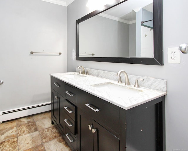 15 Old Stream Ln, Trumbull, CT 06611 - bathroom featuring ornamental molding, baseboard heating, double vanity, and stone finish floors