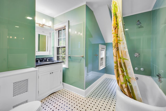 64 Blake Rd, Hamden, CT 06517 - full bath featuring vanity, crown molding, shower / tub combo with curtain, and tile patterned floors