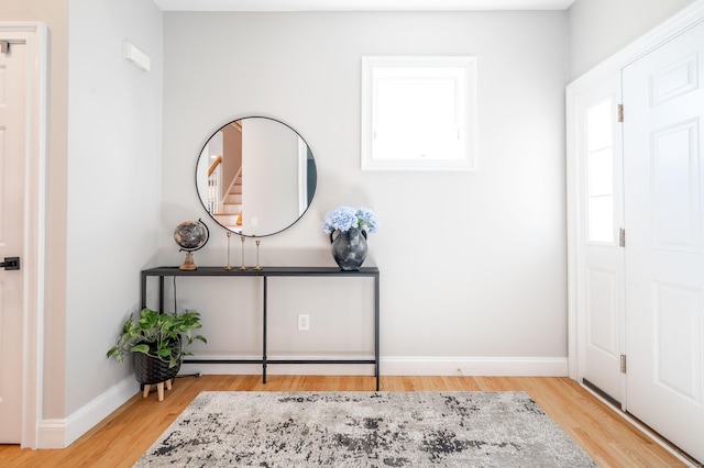 foyer with baseboards, wood finished floors, and plenty of natural light