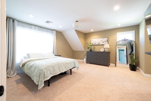 bedroom featuring baseboards, visible vents, recessed lighting, and carpet flooring