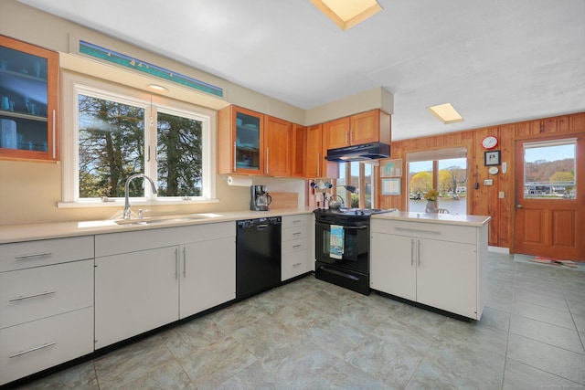 27 Wilbur Rd, Stonington, CT 06378 - kitchen with black appliances, a sink, under cabinet range hood, light countertops, and wooden walls