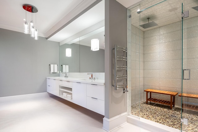 Rogers Is, Branford, CT 06405 - bathroom with a shower stall, double vanity, crown molding, and radiator