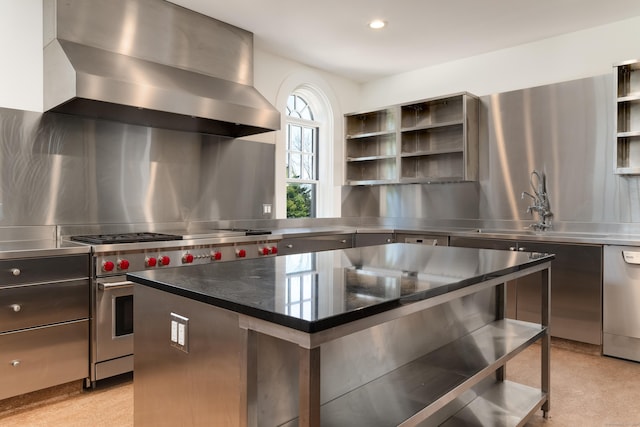 Rogers Is, Branford, CT 06405 - kitchen with stainless steel countertops, wall chimney range hood, open shelves, designer range, and modern cabinets