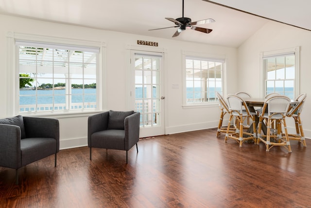 Rogers Is, Branford, CT 06405 - dining area featuring wood finished floors, vaulted ceiling, ceiling fan, and a water view