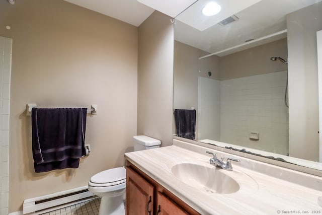 full bathroom with visible vents, walk in shower, toilet, a baseboard radiator, and vanity