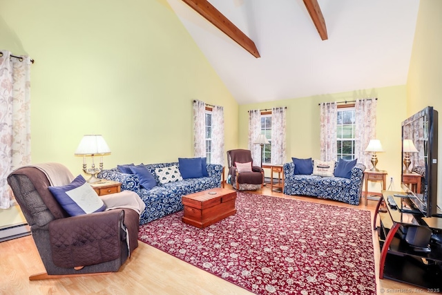 living room featuring a baseboard radiator, wood finished floors, beamed ceiling, and high vaulted ceiling