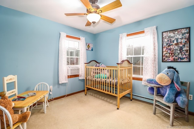 bedroom featuring carpet flooring, multiple windows, baseboards, and cooling unit