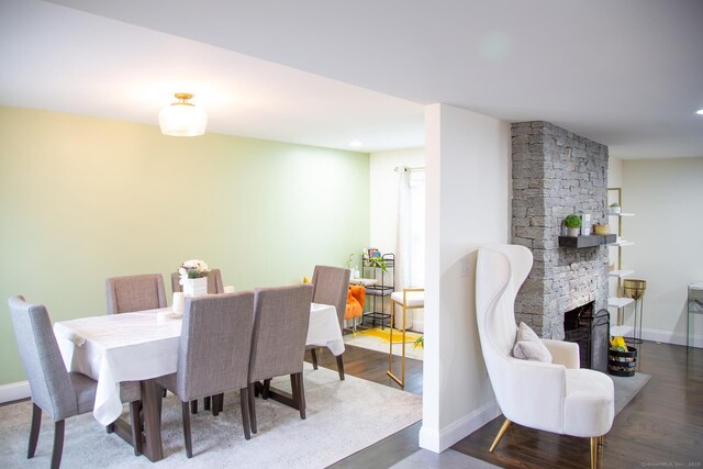 5 Shannon Rdg, Danbury, CT 06810 - dining area featuring baseboards, recessed lighting, wood finished floors, and a fireplace