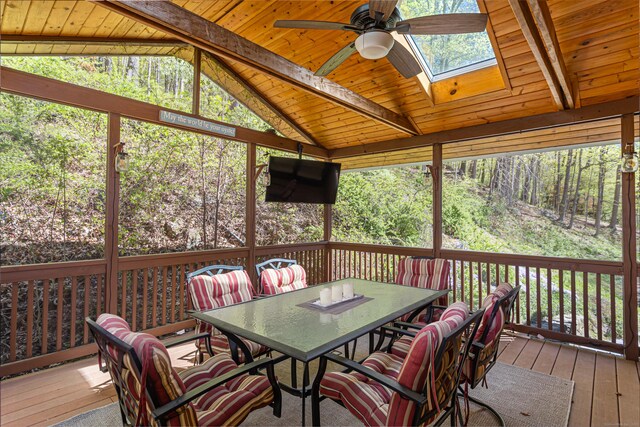 173 Barlow Mountain Rd, Ridgefield, CT 06877 - sunroom / solarium featuring outdoor dining space, a ceiling fan, and a skylight