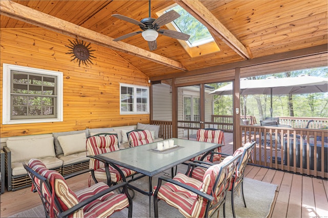 173 Barlow Mountain Rd, Ridgefield, CT 06877 - sunroom / solarium with outdoor dining space, ceiling fan, a skylight, and an outdoor hangout area