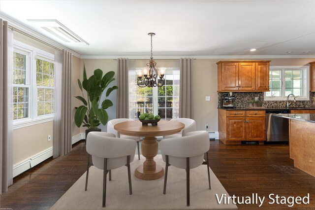 173 Barlow Mountain Rd, Ridgefield, CT 06877 - dining area featuring a chandelier, dark wood-style flooring, crown molding, baseboard heating, and a baseboard radiator
