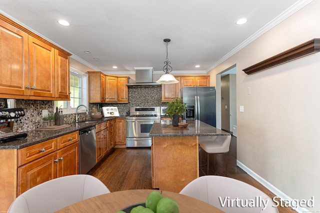 173 Barlow Mountain Rd, Ridgefield, CT 06877 - kitchen featuring stainless steel appliances, island exhaust hood, dark wood-style flooring, a kitchen breakfast bar, and tasteful backsplash