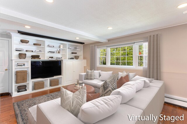 173 Barlow Mountain Rd, Ridgefield, CT 06877 - living area with a baseboard heating unit, recessed lighting, wood finished floors, beamed ceiling, and a textured ceiling