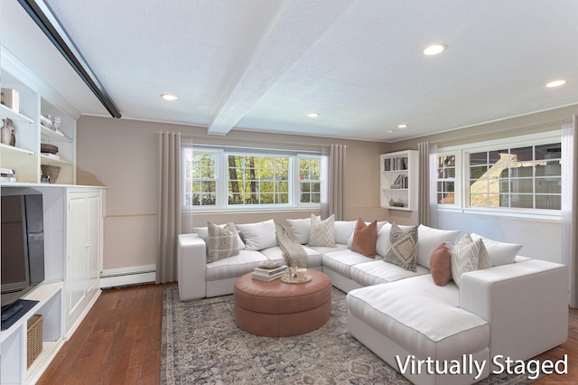 173 Barlow Mountain Rd, Ridgefield, CT 06877 - living room featuring baseboard heating, dark wood finished floors, beam ceiling, recessed lighting, and a textured ceiling