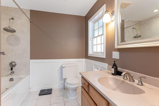 173 Barlow Mountain Rd, Ridgefield, CT 06877 - full bath with tile patterned flooring, bathing tub / shower combination, wainscoting, vanity, and a decorative wall