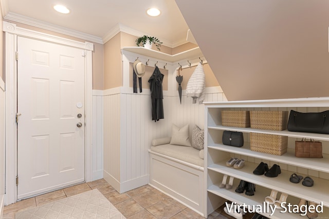 173 Barlow Mountain Rd, Ridgefield, CT 06877 - mudroom with wainscoting, crown molding, recessed lighting, and light tile patterned floors