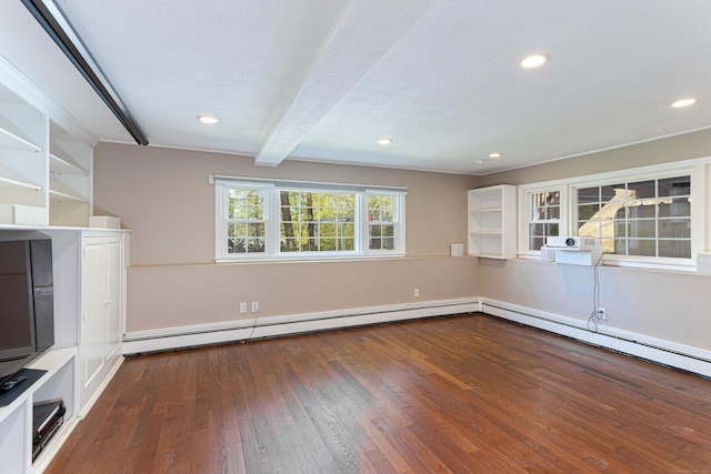 173 Barlow Mountain Rd, Ridgefield, CT 06877 - unfurnished living room with dark wood-style flooring, baseboard heating, recessed lighting, a textured ceiling, and beam ceiling