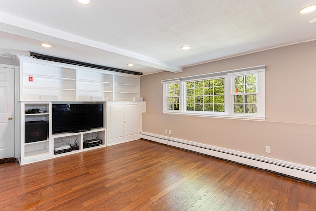 173 Barlow Mountain Rd, Ridgefield, CT 06877 - unfurnished living room with a baseboard radiator, hardwood / wood-style floors, beam ceiling, recessed lighting, and a textured ceiling