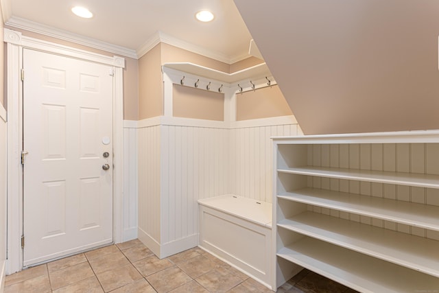 173 Barlow Mountain Rd, Ridgefield, CT 06877 - mudroom featuring wainscoting, crown molding, light tile patterned floors, and recessed lighting