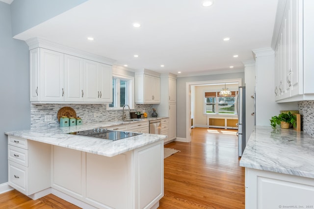 186 Isinglass Rd, Shelton, CT 06484 - kitchen featuring ornamental molding, a peninsula, tasteful backsplash, a sink, and stainless steel appliances