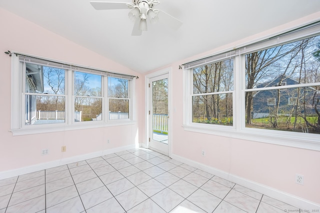 186 Isinglass Rd, Shelton, CT 06484 - empty room with light tile patterned floors, baseboards, ceiling fan, and lofted ceiling