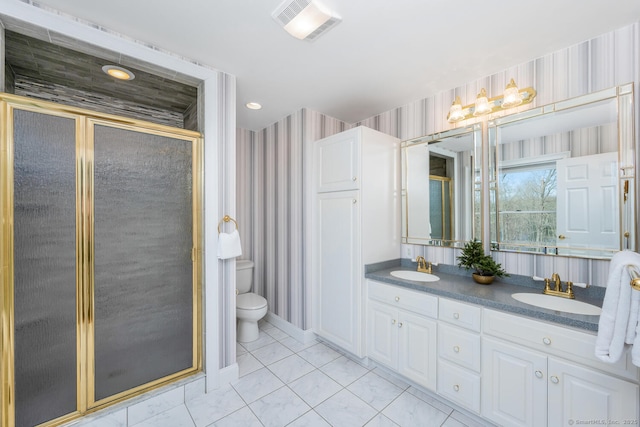 186 Isinglass Rd, Shelton, CT 06484 - full bath featuring visible vents, a sink, a shower stall, and wallpapered walls