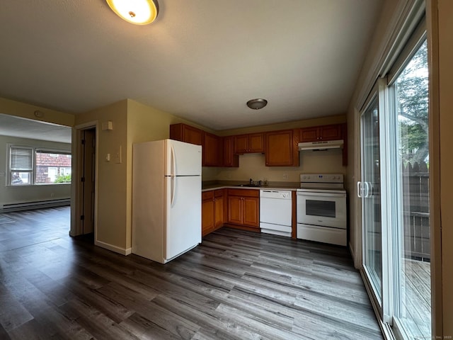 148 Westbury Park Rd Apt D, Watertown, CT 06795 - kitchen featuring white appliances, under cabinet range hood, dark wood finished floors, baseboard heating, and light countertops