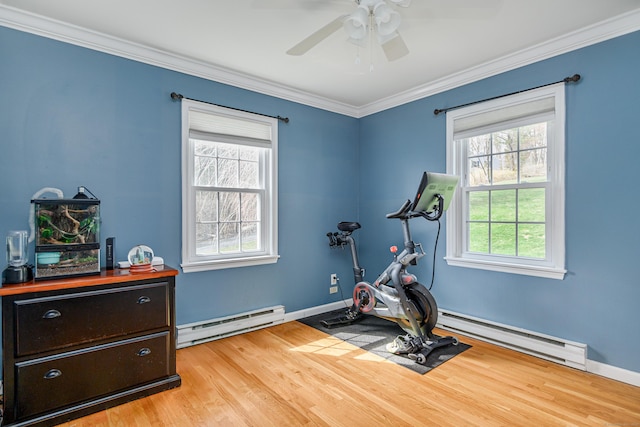 39 Overlook Dr, New Milford, CT 06776 - exercise room featuring crown molding, a ceiling fan, wood finished floors, baseboards, and a baseboard radiator