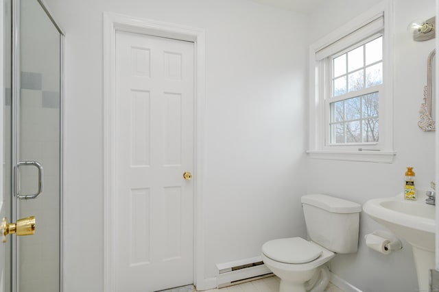 39 Overlook Dr, New Milford, CT 06776 - full bath with tile patterned flooring, toilet, baseboards, a shower stall, and a baseboard heating unit