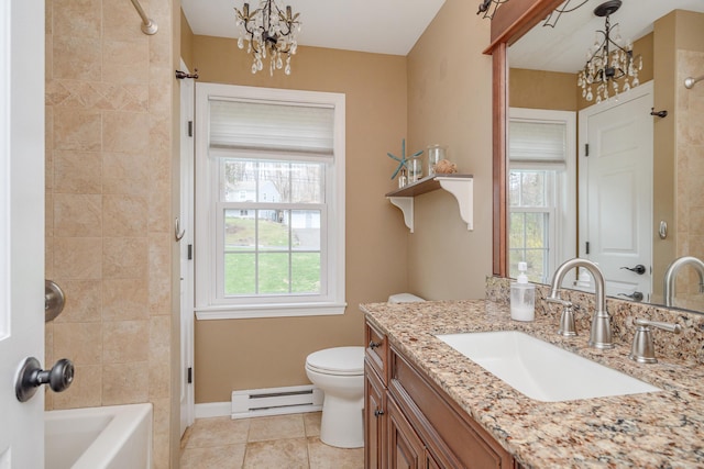 39 Overlook Dr, New Milford, CT 06776 - full bathroom featuring a baseboard radiator, tile patterned floors, a chandelier, and a healthy amount of sunlight