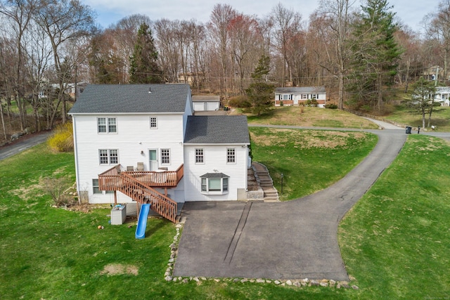 39 Overlook Dr, New Milford, CT 06776 - back of house with stairway, a deck, a yard, and a shingled roof