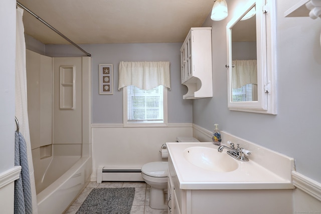 bathroom featuring tile patterned flooring, shower / tub combo, vanity, a baseboard heating unit, and toilet
