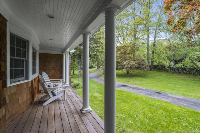 27 Blue Ribbon Dr, Westport, CT 06880 - wooden terrace featuring a porch and a yard