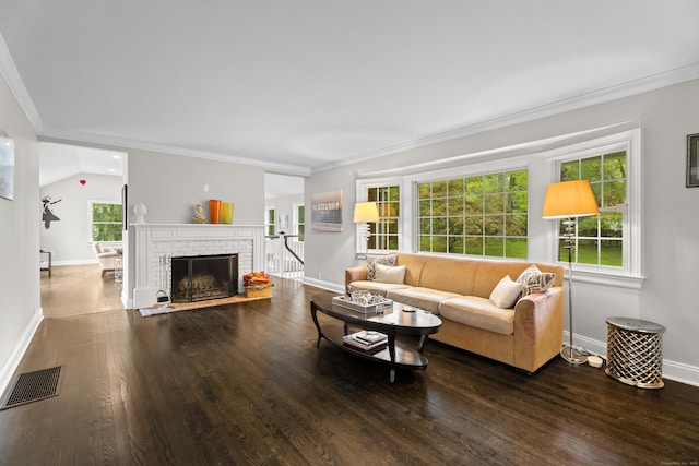 27 Blue Ribbon Dr, Westport, CT 06880 - living area featuring wood finished floors, baseboards, a brick fireplace, and ornamental molding