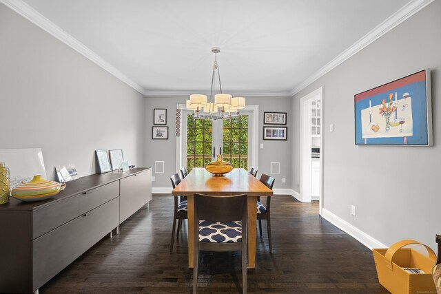 27 Blue Ribbon Dr, Westport, CT 06880 - dining room with a chandelier, ornamental molding, baseboards, and dark wood-style flooring