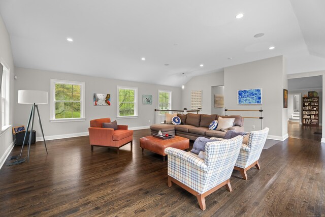 27 Blue Ribbon Dr, Westport, CT 06880 - living area featuring lofted ceiling, dark wood-type flooring, baseboards, and recessed lighting