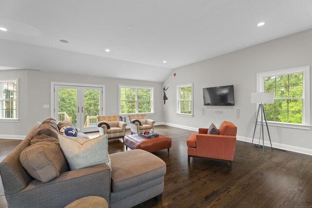 27 Blue Ribbon Dr, Westport, CT 06880 - living room featuring french doors, dark wood-style floors, lofted ceiling, baseboards, and recessed lighting