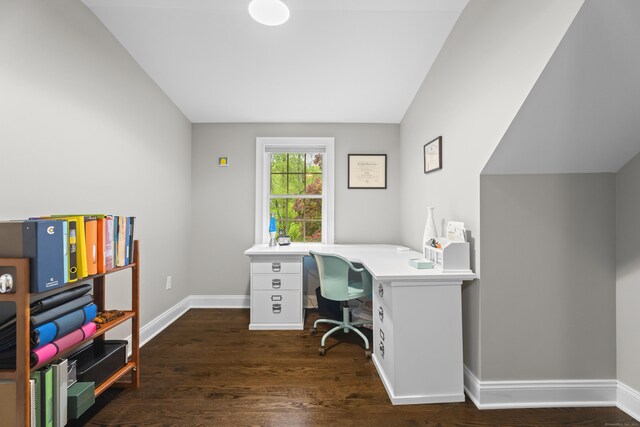 27 Blue Ribbon Dr, Westport, CT 06880 - office area featuring wood finished floors, baseboards, and lofted ceiling
