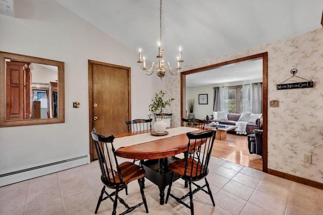dining space featuring light tile patterned floors, a notable chandelier, a baseboard radiator, and wallpapered walls