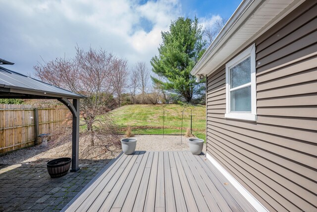 wooden terrace featuring fence and a lawn