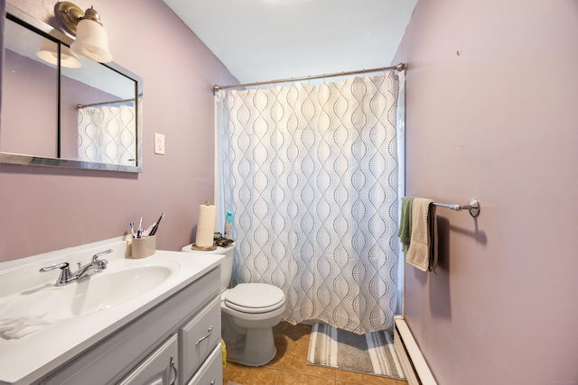 full bath featuring a shower with shower curtain, vanity, baseboard heating, tile patterned floors, and toilet