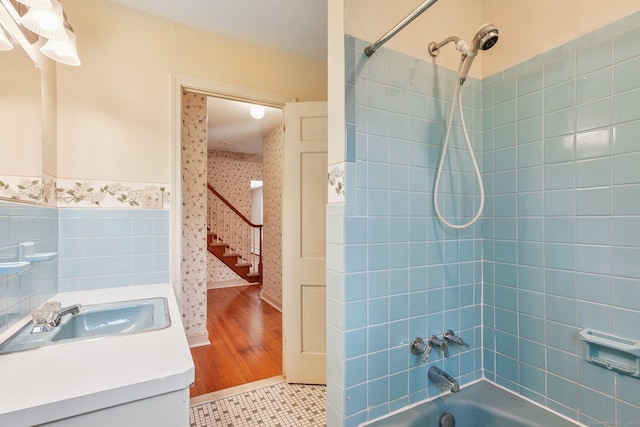 97 Wyldewood Rd, Easton, CT 06612 - bathroom featuring shower / washtub combination, vanity, tile patterned floors, wainscoting, and tile walls