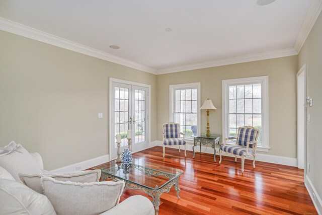 48 Mount Nebo Rd, Newtown, CT 06470 - living room featuring ornamental molding, wood finished floors, baseboards, and french doors